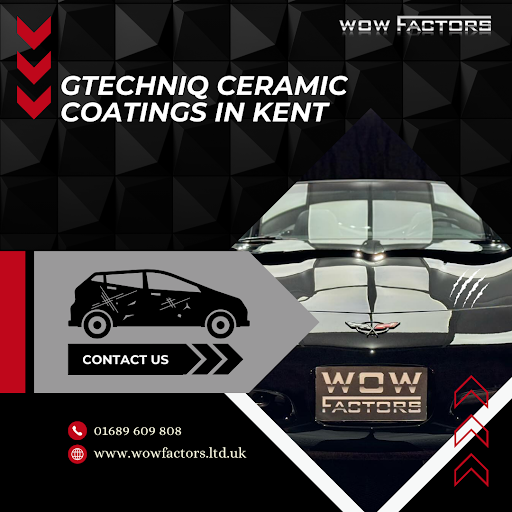 An advertisement for Gtechniq ceramic coatings featuring a glossy black car with a reflection of red geometric shapes on the hood, set against a dark background with red and grey accents.